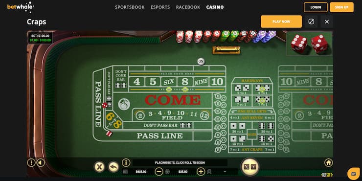A screenshot from BetWhale showing an online demo mode craps table.